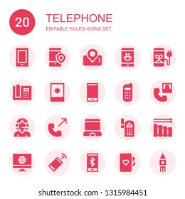 telephone icon set. Collection of 20 filled telephone icons included Smartphone, Phone receiver, Phone, Phone call, Call center, Laptop, Vibraphone, Screen, Cards, Big ben