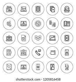 Telephone icon set. collection of 25 outline telephone icons with call center, card, cards, dual sim, laptop, music store, phone, smartphone, tablet icons. editable icons.
