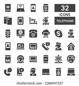 telephone icon set. Collection of 32 filled telephone icons included Laptop, Phone, Call center, Smartphone, Phone operator, London eye, Emergency call, Address, Phone call, Pager