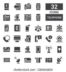 telephone icon set. Collection of 32 filled telephone icons included Satellite dish, Telephone, Card, Graphic card, Smartphone, Signal tower, Call center, Laptop, London eye, Phone call