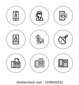 Telephone icon set. collection of 9 outline telephone icons with call center, fax, phone, operator, satellite dish icons. editable icons.
