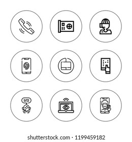 Telephone icon set. collection of 9 outline telephone icons with call center, card, laptop, operator, smartphone, tablet, telephone icons. editable icons.