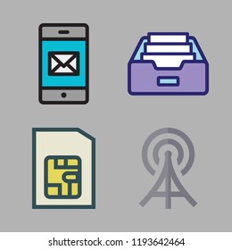 telephone icon set. vector set about radio antenna, smartphone, sim card and inbox icons set.