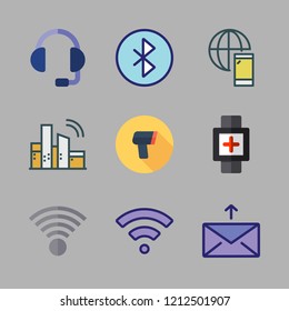 telephone icon set. vector set about headset, smartwatch, smartphone and scanning icons set.