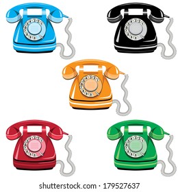 Telephone icon set, vector old rotary dial vintage phone on white background