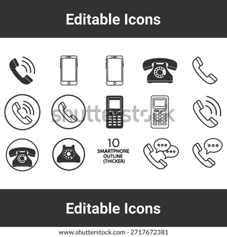 Telephone icon set with vector smartphone mobile and vintage rotary phone symbols in various outline styles