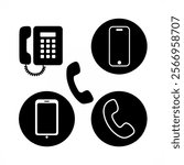 Telephone icon, vector set. Phone icon set, vector, silhouette. Contact us, symbol, sign, logo vector. Cell phone pictogram communication icon. Vector illustration of mobile, smartphone, land phone.