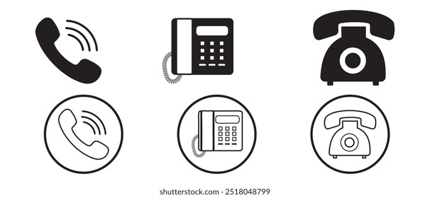 Telefonsymbol, Vektorsatz. Telefon-Symbol-Set, Vektor, Silhouette. Kontaktieren Sie uns, Symbol, Zeichen, Logo-Vektor. Symbol für die Kommunikation über das Handy-Piktogramm. Vektorgrafik von Handy, Smartphone, Landtelefon.
