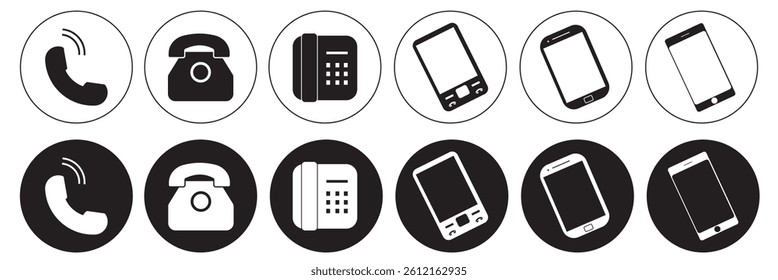 Telephone icon, vector set. Phone icon set, vector, silhouette. Contact us, symbol, sign, logo vector. Cell phone pictogram communication icon. Vector illustration of mobile, smartphone, land phone.