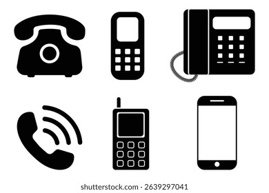 Telephone icon, vector set, silhouette. smartphone, land, keypad phone collection. Phone icon set, vector illustration.