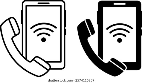 Telephone Icons. Black and White Vector Icons. Modern Smartphone with Wi-Fi and Telephone Handset. Office Concept