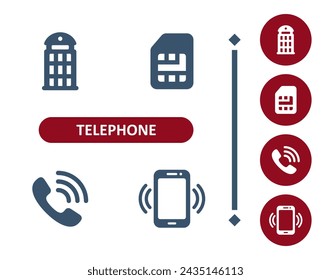 Telephone icons. Phone, handset, phone booth, smartphone, mobile phone, SIM card icon. Professional, 32x32 pixel perfect vector icon.