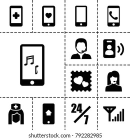 Telephone icons. set of 13 editable filled telephone icons such as 24 hours support, hand on smartphone, phone call, heart mobile, photo with heart, mobile phone music