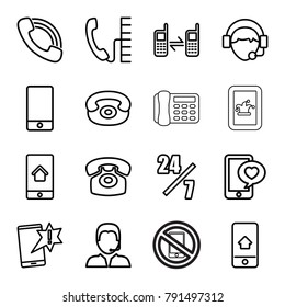 Telephone icons. set of 16 editable outline telephone icons such as 24 hours support, important message, phone with heart, phone, call, operator