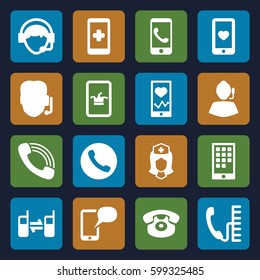 telephone icons set. Set of 16 telephone filled icons such as Poker on phone, heartbeat on phone, nurse, heart mobile, desk phone, call, operator