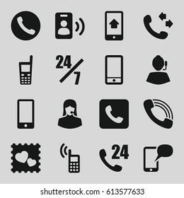 Telephone icons set. set of 16 telephone filled icons such as call, customer support, photo with heart, phone, old phone, support