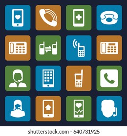 Telephone icons set. set of 16 telephone filled icons such as desk phone, heartbeat on phone, customer support, heart mobile, old phone, call