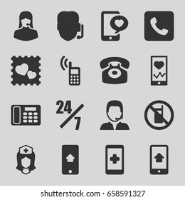 Telephone icons set. set of 16 telephone filled icons such as no phone, heartbeat on phone, nurse, customer support, photo with heart, phone with heart, support, call