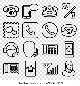 Telephone icons set. set of 16 telephone outline icons such as desk phone, Poker on phone, customer support, photo with heart, operator, call, message on phone, mobile signal