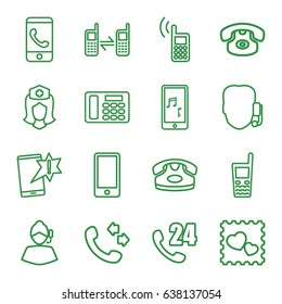 Telephone icons set. set of 16 telephone outline icons such as desk phone, call, nurse, photo with heart, old phone, 24 hours support, support