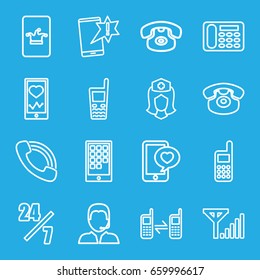 Telephone icons set. set of 16 telephone outline icons such as poker on phone, desk phone, nurse, call, support, mobile signal, 24 hours support