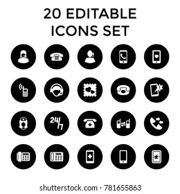 Telephone icons. set of 20 editable filled telephone icons such as desk phone, hand on smartphone, important message, nurse. best quality telephone elements in trendy style.