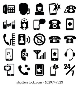 Telephone icons. set of 25 editable filled telephone icons such as call, support, 24 hours support, hand on smartphone, important message, nurse, connected phone