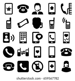 Telephone icons set. set of 25 telephone filled icons such as no phone, desk phone, poker on phone, customer support, heart mobile, support