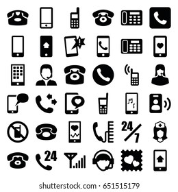 Telephone icons set. set of 36 telephone filled icons such as no phone, desk phone, call, nurse, customer support, heart mobile, photo with heart, operator, support