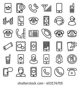 Telephone icons set. set of 36 telephone outline icons such as no phone, desk phone, poker on phone, call, nurse, customer support, heart mobile, photo with heart, operator