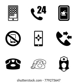 Telephone icons. set of 9 editable filled and outline telephone icons such as desk phone, 24 hours support, nurse, calendar on phone, no phone