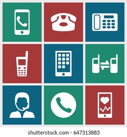 Telephone icons set. set of 9 telephone filled icons such as desk phone, heartbeat on phone, support