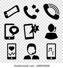 Telephone icons set. set of 9 telephone filled icons such as call, heartbeat on phone, phone with heart, support