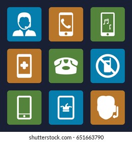 Telephone icons set. set of 9 telephone filled icons such as no phone, desk phone, poker on phone