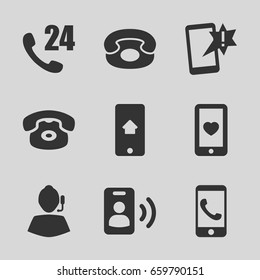 Telephone icons set. set of 9 telephone filled icons such as heart mobile, desk phone, home on phone display, call, support, phone call, 24 hours support