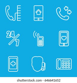 Telephone icons set. set of 9 telephone outline icons such as desk phone, call, heart mobile, home on phone display, phone, support, 24 hours support