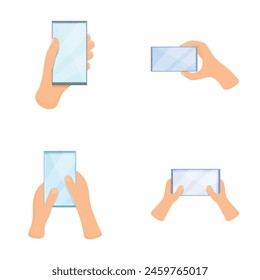 Telephone icons set cartoon vector. Hand holding mobile phone. Modern technology