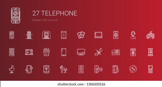 telephone icons set. Collection of telephone with smartphone, portable, mobile phone, satellite dish, card, phone, screen, laptop, cards. Editable and scalable telephone icons.