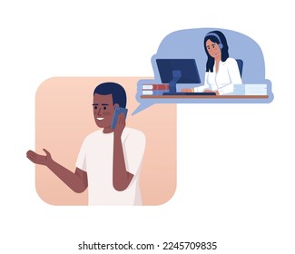 Telephone interview 2D vector isolated illustration. Customer talking about experience with operator flat characters on cartoon background. Colorful editable scene for mobile, website, presentation