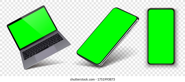 Telephone and laptop in rotated position green screen isolated white background. Realistic laptop incline 90 degree isolated on white background. computer notebook. Cellphone frame with blank display.