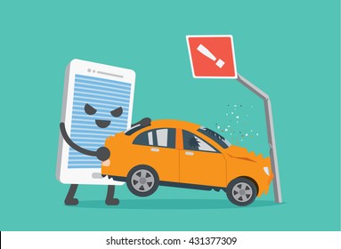 Telephone lifting a car crash with road signs. This illustration meaning to using a phone while driving make car accident