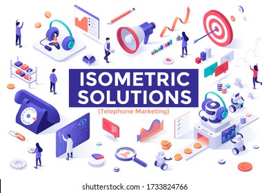 Telephone marketing or telemarketing set - operators in call center, headsets, megaphone, sale statistics. Bundle of isometric design elements isolated on white background. Modern vector illustration.