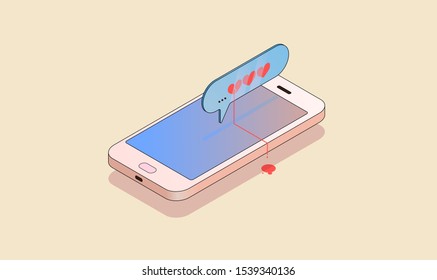 Telephone and message in isometry. Vector graphics. Broken love.