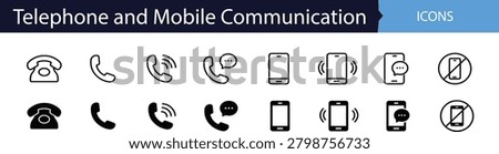 Telephone and Mobile Communication Icons Set. Landline Phone, Call, Voice Call, Phone Chat, Smartphone, Ringing Phone, Mobile Message and No Phone Vector Icons