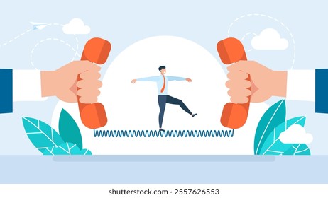 Telephone negotiation. A tightrope walker balances on a telephone cord. Negotiation for business winning, agreement or partnership deal for both benefit, professional talk concept. Vector illustration