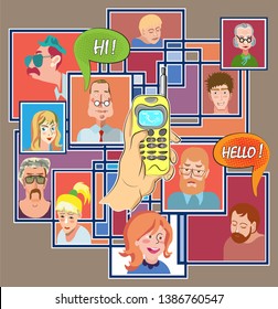 Telephone network with multiple subscribers. People call, talk and interact. Stylized concept with cartoon characters. Vector illustration