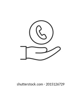 Teléfono a mano. Estilo de línea de icono de servicios de llamadas aislado en fondo blanco. Ilustración del vector