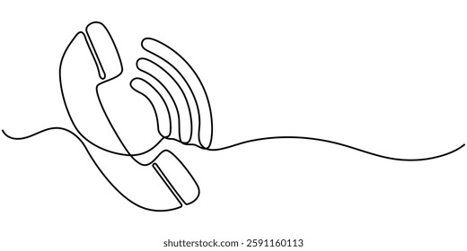  Telephone one line art drawing. Communication concept vector background, Old telephone continuous one line drawing vector illustration, One line drawing of isolated vector object telephone receiver.