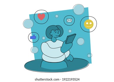 Telephone operator with communication information icons. Online social media concept.