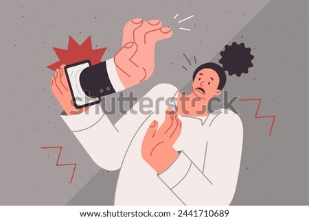 Telephone operator hand protrudes from smartphone, scaring girl who was about to answer call. Telephone scammer is trying to deceive trusting people and steal money from bank accounts.